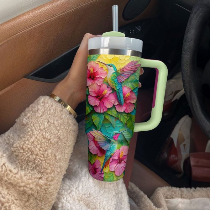 Colibri Floral Hummingbird Custom Stanley Quencher 40Oz Stainless Steel Tumbler With Handle - Image 4