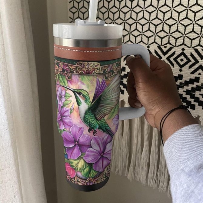 Colibri Floral Hummingbird Custom Stanley Quencher 40Oz Stainless Steel Tumbler With Handle - Image 3