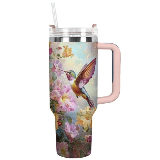 Colibri Floral Hummingbird Custom Stanley Quencher 40Oz Stainless Steel Tumbler With Handle
