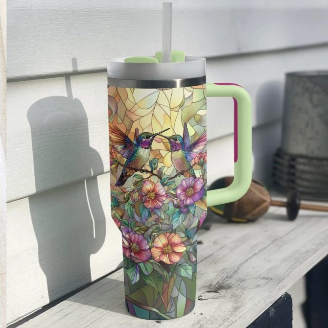 Colibri Floral Hummingbird Custom Stanley Quencher 40Oz Stainless Steel Tumbler With Handle - Image 3