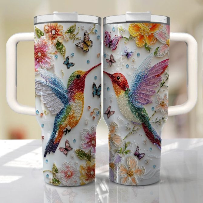 Colibri Floral Hummingbird Custom Stanley Quencher 40Oz Stainless Steel Tumbler With Handle - Image 4