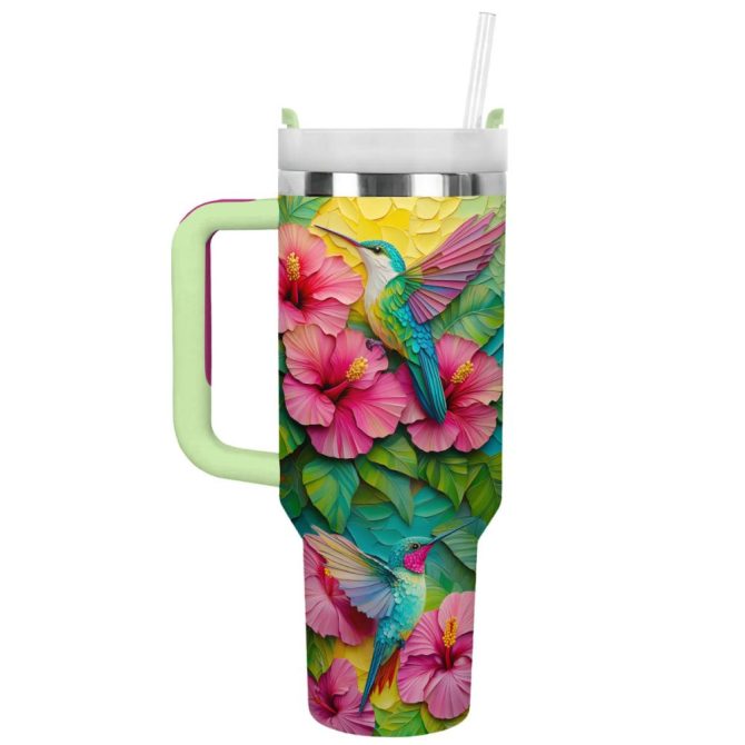 Colibri Floral Hummingbird Custom Stanley Quencher 40Oz Stainless Steel Tumbler With Handle