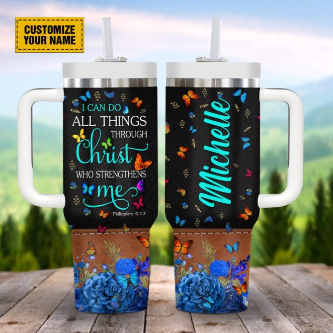 Colorful Butterfly Faith Custom Stanley Quencher 40Oz Stainless Steel Tumbler With Handle