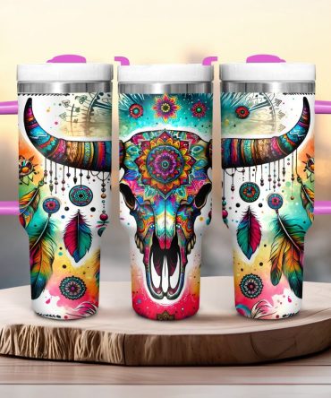 Colorful Cow Skull Custom Stanley Quencher 40Oz Stainless Steel Tumbler With Handle