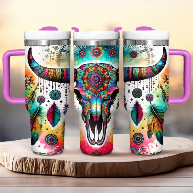 Colorful Cow Skull Custom Stanley Quencher 40Oz Stainless Steel Tumbler With Handle