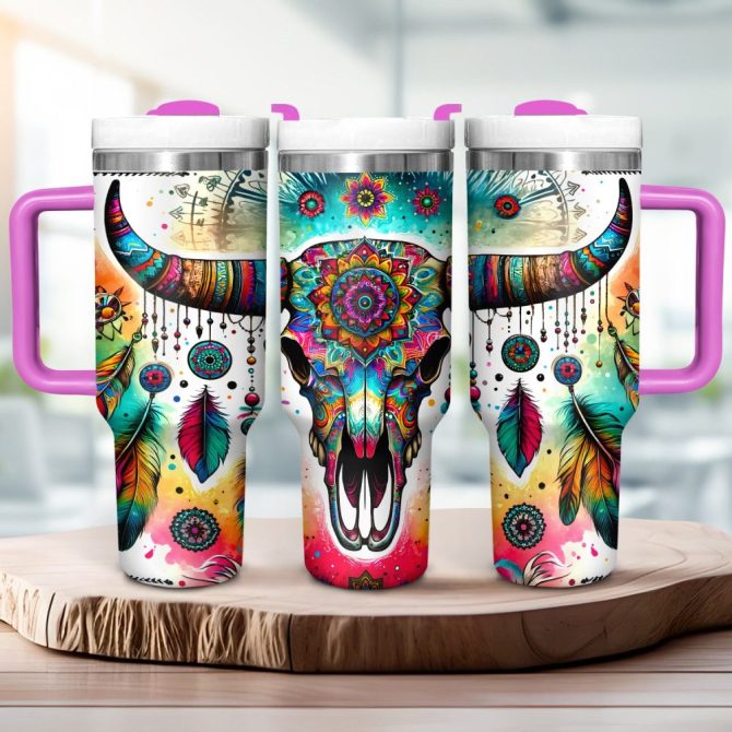 Colorful Cow Skull Custom Stanley Quencher 40Oz Stainless Steel Tumbler With Handle - Image 2