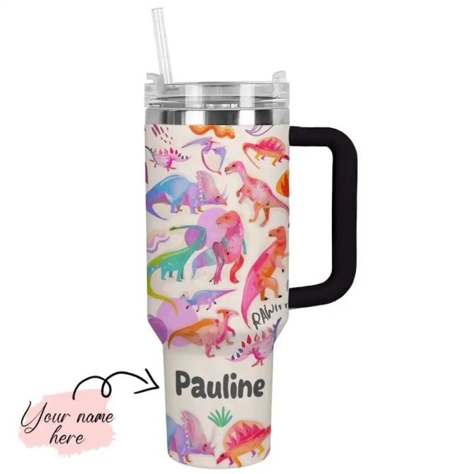 Colorful Dinosaurs Custom Stanley Quencher 40Oz Stainless Steel Tumbler With Handle - Image 2