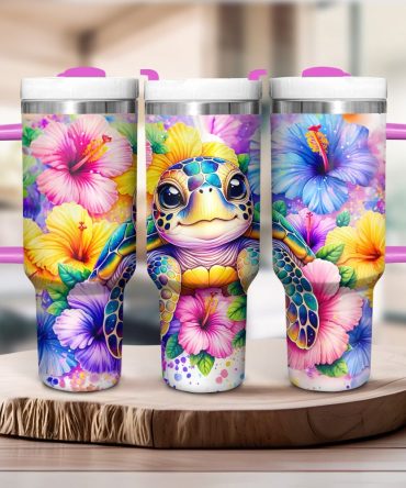 Colorful Floral Baby Turtle Custom Stanley Quencher 40Oz Stainless Steel Tumbler With Handle
