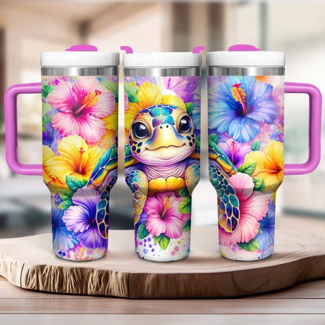 Colorful Floral Baby Turtle Custom Stanley Quencher 40Oz Stainless Steel Tumbler With Handle