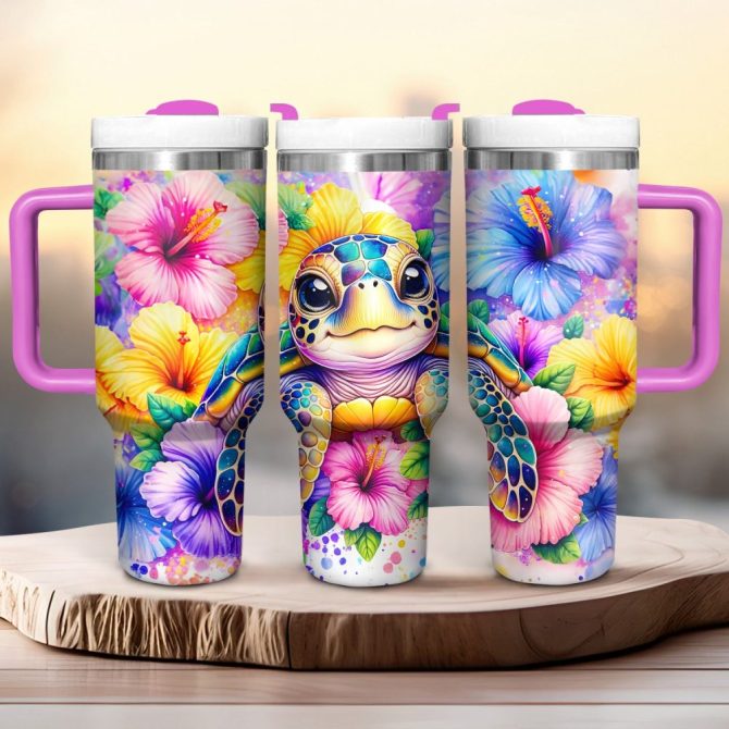 Colorful Floral Baby Turtle Custom Stanley Quencher 40Oz Stainless Steel Tumbler With Handle - Image 2
