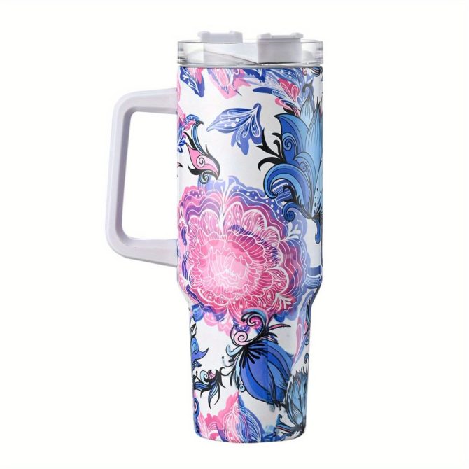 Colorful Flower Custom Stanley Quencher 40Oz Stainless Steel Tumbler With Handle - Image 2