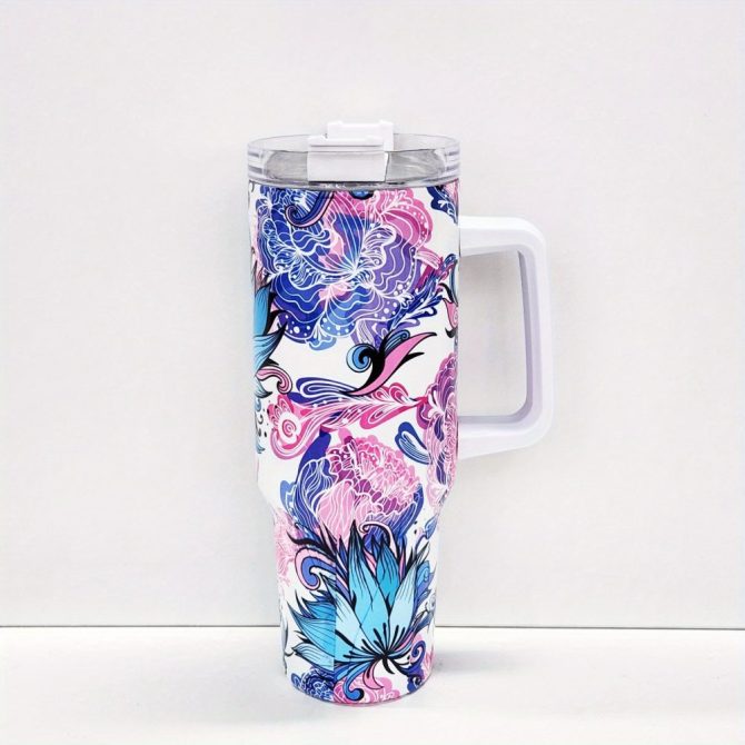 Colorful Flower Custom Stanley Quencher 40Oz Stainless Steel Tumbler With Handle