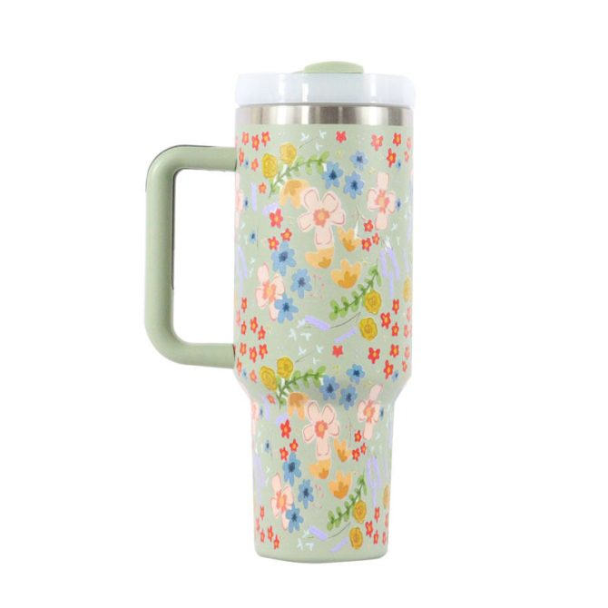 Colorful Flower Custom Stanley Quencher 40Oz Stainless Steel Tumbler With Handle