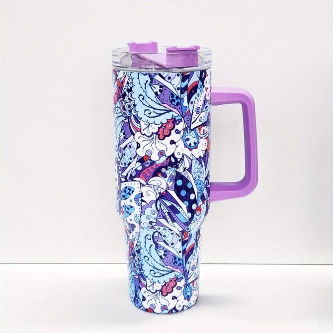 Colorful Flower Custom Stanley Quencher 40Oz Stainless Steel Tumbler With Handle