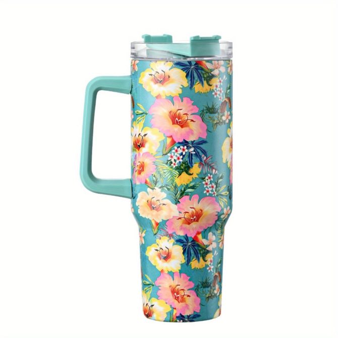 Colorful Flower Custom Stanley Quencher 40Oz Stainless Steel Tumbler With Handle
