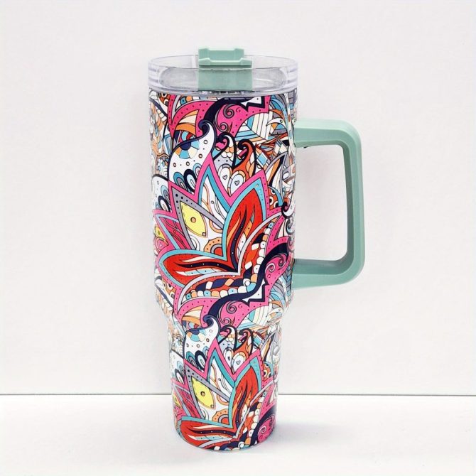 Colorful Flower Custom Stanley Quencher 40Oz Stainless Steel Tumbler With Handle