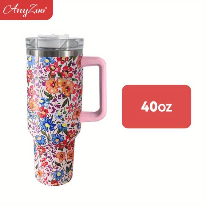 Colorful Flower Custom Stanley Quencher 40Oz Stainless Steel Tumbler With Handle