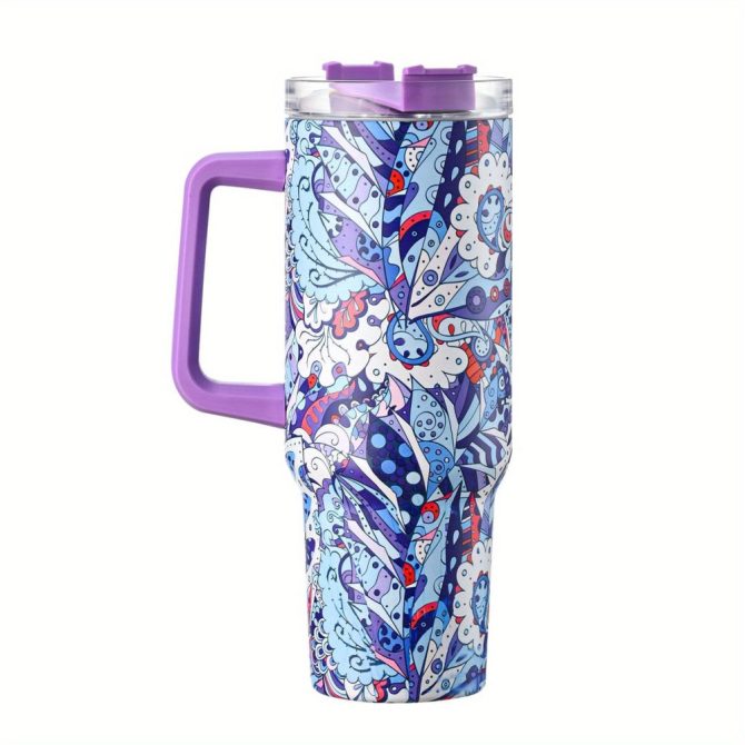 Colorful Flower Custom Stanley Quencher 40Oz Stainless Steel Tumbler With Handle - Image 2