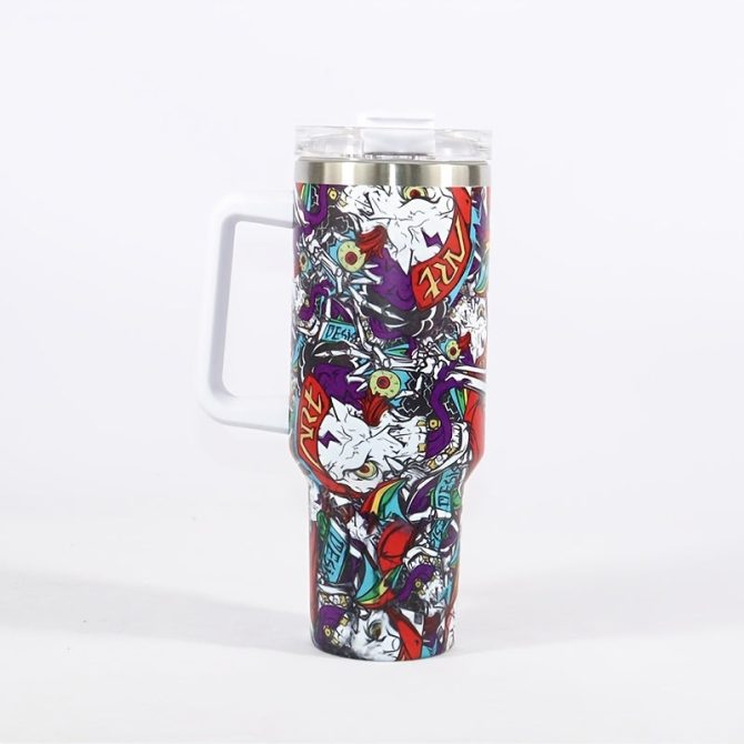 Colorful Graffiti Skull Custom Stanley Quencher 40Oz Stainless Steel Tumbler With Handle
