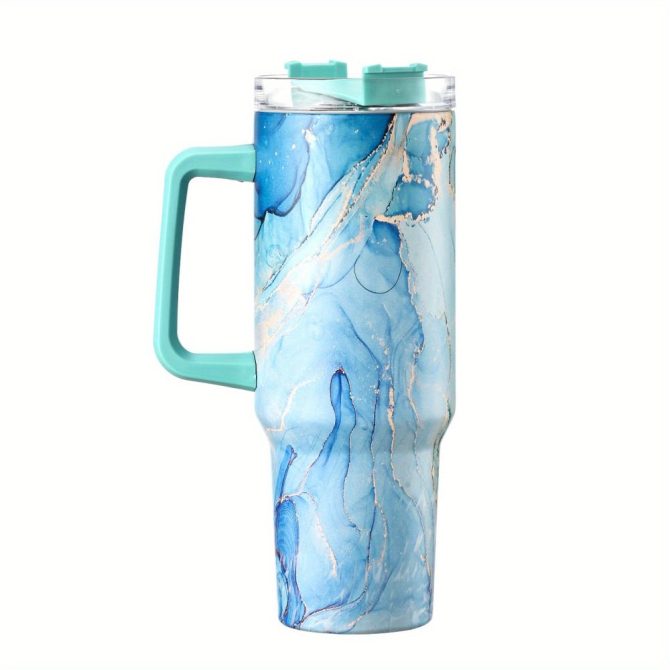 Colorful Marble Custom Stanley Quencher 40Oz Stainless Steel Tumbler With Handle