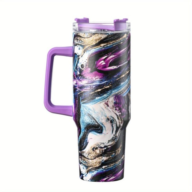 Colorful Marble Custom Stanley Quencher 40Oz Stainless Steel Tumbler With Handle