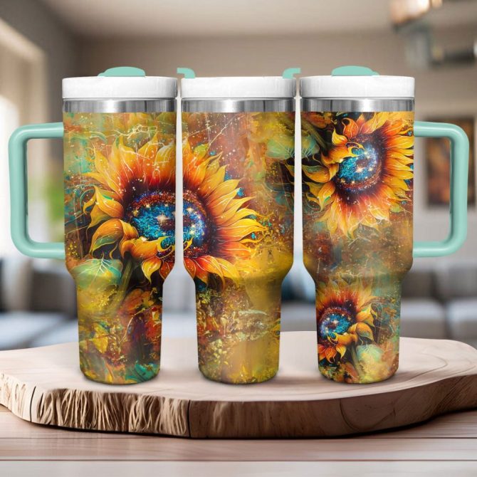 Colorful Sunflower Custom Stanley Quencher 40Oz Stainless Steel Tumbler With Handle