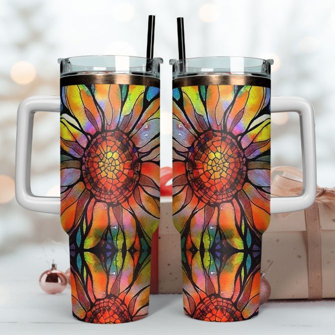 Colorful Sunflowers Custom Stanley Quencher 40Oz Stainless Steel Tumbler With Handle - Image 4