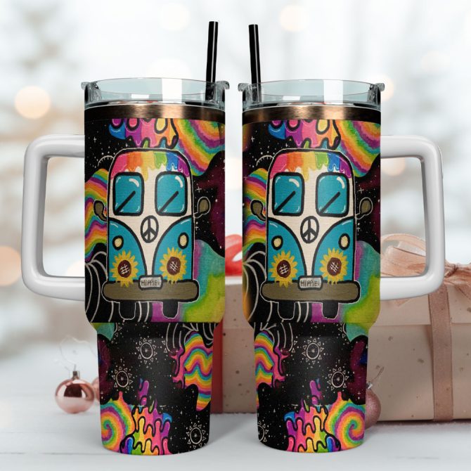 Colorful Van Sunflower Custom Stanley Quencher 40Oz Stainless Steel Tumbler With Handle - Image 4