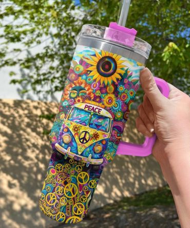 Colorful Van Sunflower Custom Stanley Quencher 40Oz Stainless Steel Tumbler With Handle