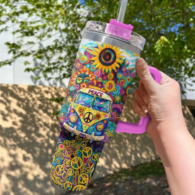 Colorful Van Sunflower Custom Stanley Quencher 40Oz Stainless Steel Tumbler With Handle