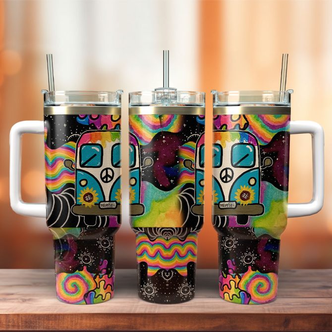 Colorful Van Sunflower Custom Stanley Quencher 40Oz Stainless Steel Tumbler With Handle
