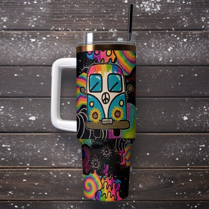 Colorful Van Sunflower Custom Stanley Quencher 40Oz Stainless Steel Tumbler With Handle - Image 2