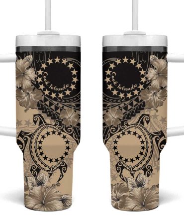 Cook Islands Turtle Stars And Hibiscus Beige Custom Stanley Quencher 40Oz Stainless Steel Tumbler With Handle