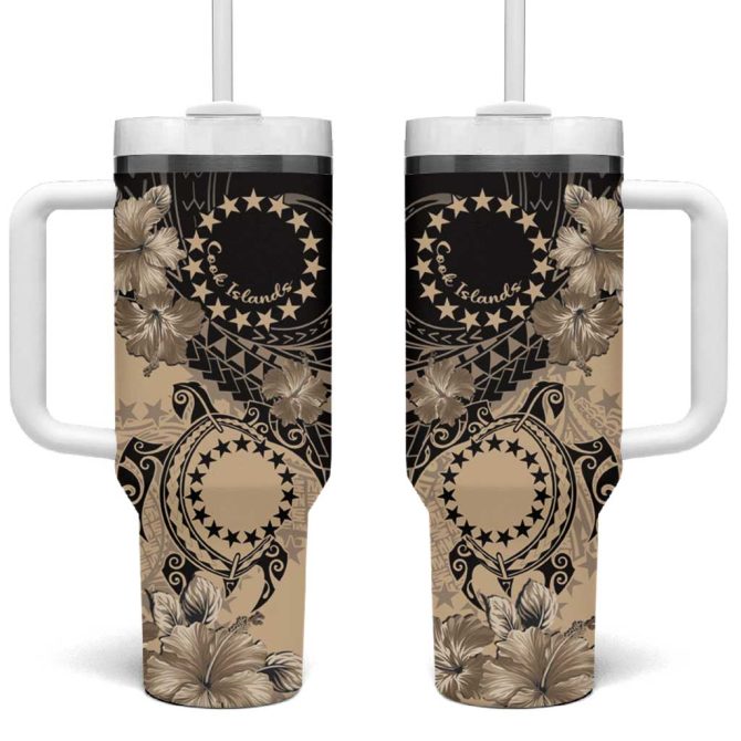 Cook Islands Turtle Stars And Hibiscus Beige Custom Stanley Quencher 40Oz Stainless Steel Tumbler With Handle