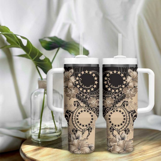 Cook Islands Turtle Stars And Hibiscus Beige Custom Stanley Quencher 40Oz Stainless Steel Tumbler With Handle - Image 9