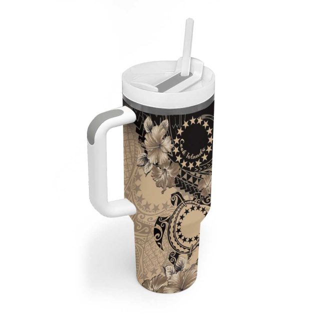 Cook Islands Turtle Stars And Hibiscus Beige Custom Stanley Quencher 40Oz Stainless Steel Tumbler With Handle - Image 2