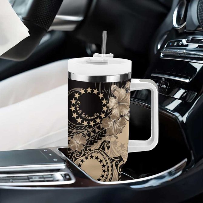 Cook Islands Turtle Stars And Hibiscus Beige Custom Stanley Quencher 40Oz Stainless Steel Tumbler With Handle - Image 8
