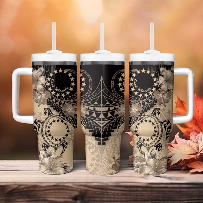 Cook Islands Turtle Stars And Hibiscus Beige Custom Stanley Quencher 40Oz Stainless Steel Tumbler With Handle - Image 4