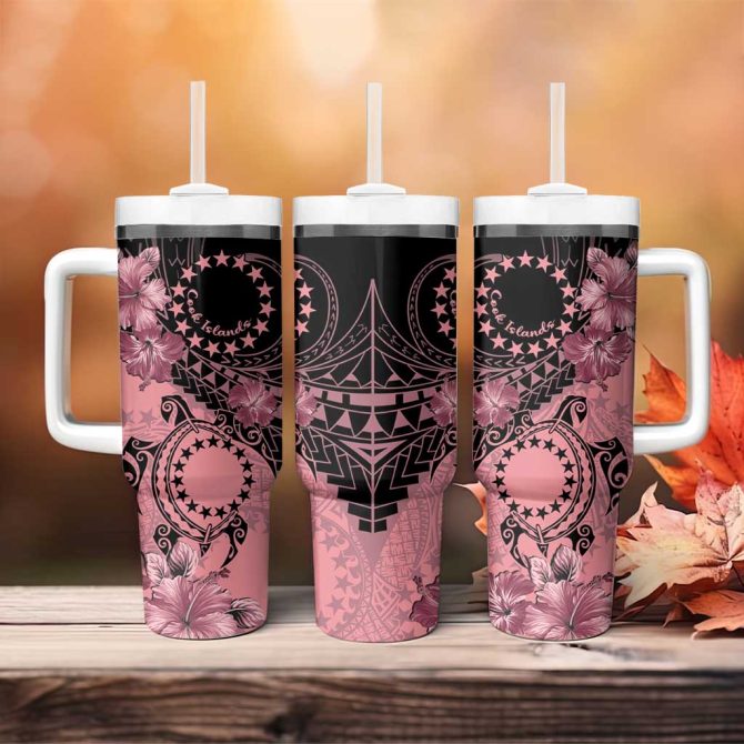 Cook Islands Turtle Stars And Hibiscus Pink Custom Stanley Quencher 40Oz Stainless Steel Tumbler With Handle - Image 4