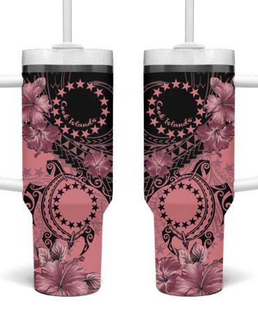 Cook Islands Turtle Stars And Hibiscus Pink Custom Stanley Quencher 40Oz Stainless Steel Tumbler With Handle