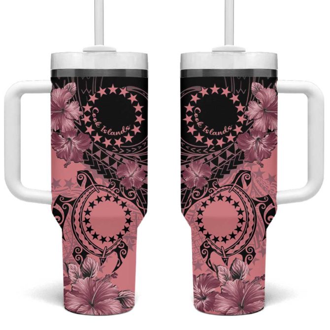 Cook Islands Turtle Stars And Hibiscus Pink Custom Stanley Quencher 40Oz Stainless Steel Tumbler With Handle