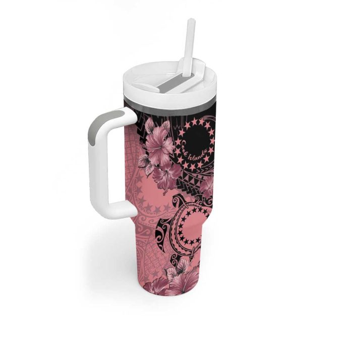 Cook Islands Turtle Stars And Hibiscus Pink Custom Stanley Quencher 40Oz Stainless Steel Tumbler With Handle - Image 2