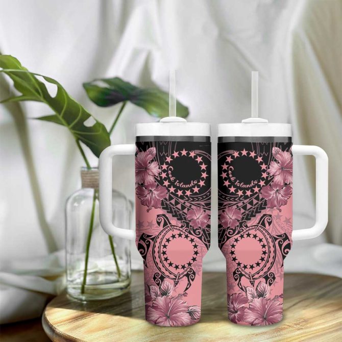 Cook Islands Turtle Stars And Hibiscus Pink Custom Stanley Quencher 40Oz Stainless Steel Tumbler With Handle - Image 9