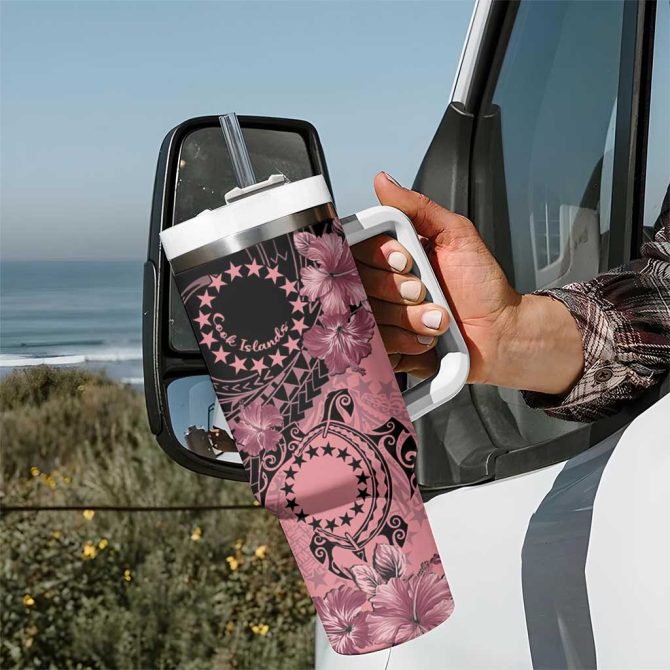 Cook Islands Turtle Stars And Hibiscus Pink Custom Stanley Quencher 40Oz Stainless Steel Tumbler With Handle - Image 7