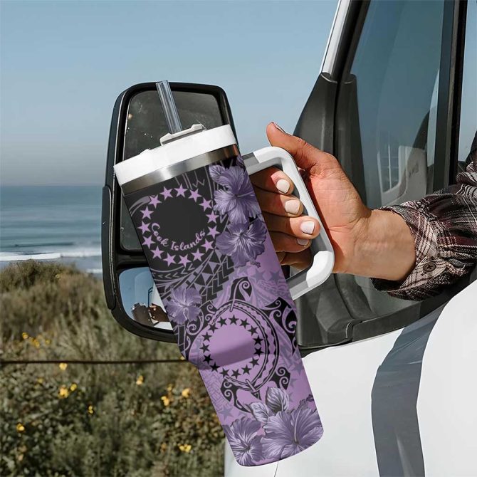 Cook Islands Turtle Stars And Hibiscus Purple Custom Stanley Quencher 40Oz Stainless Steel Tumbler With Handle - Image 7