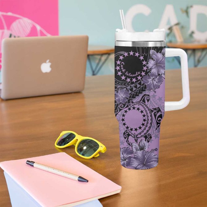 Cook Islands Turtle Stars And Hibiscus Purple Custom Stanley Quencher 40Oz Stainless Steel Tumbler With Handle - Image 5