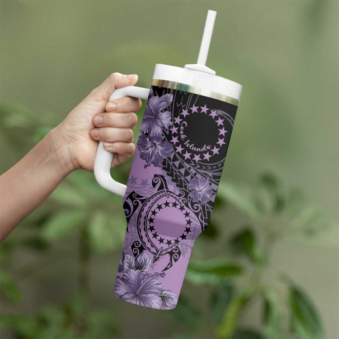Cook Islands Turtle Stars And Hibiscus Purple Custom Stanley Quencher 40Oz Stainless Steel Tumbler With Handle - Image 3