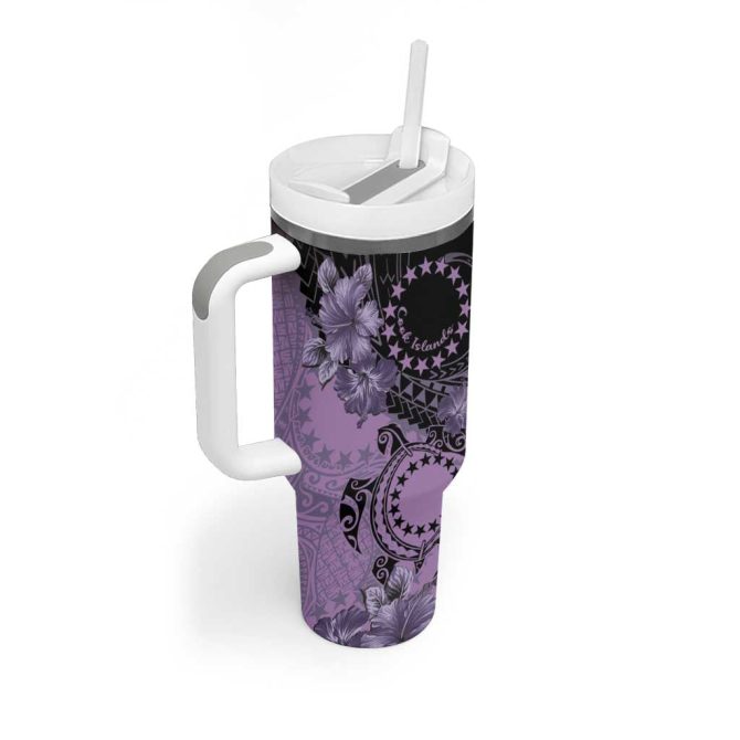 Cook Islands Turtle Stars And Hibiscus Purple Custom Stanley Quencher 40Oz Stainless Steel Tumbler With Handle - Image 2