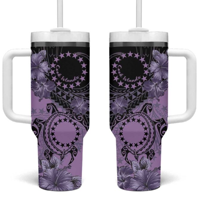 Cook Islands Turtle Stars And Hibiscus Purple Custom Stanley Quencher 40Oz Stainless Steel Tumbler With Handle