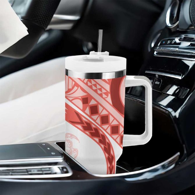 Coral Red Polynesian Tribal Turtle Floral Custom Stanley Quencher 40Oz Stainless Steel Tumbler With Handle - Image 8